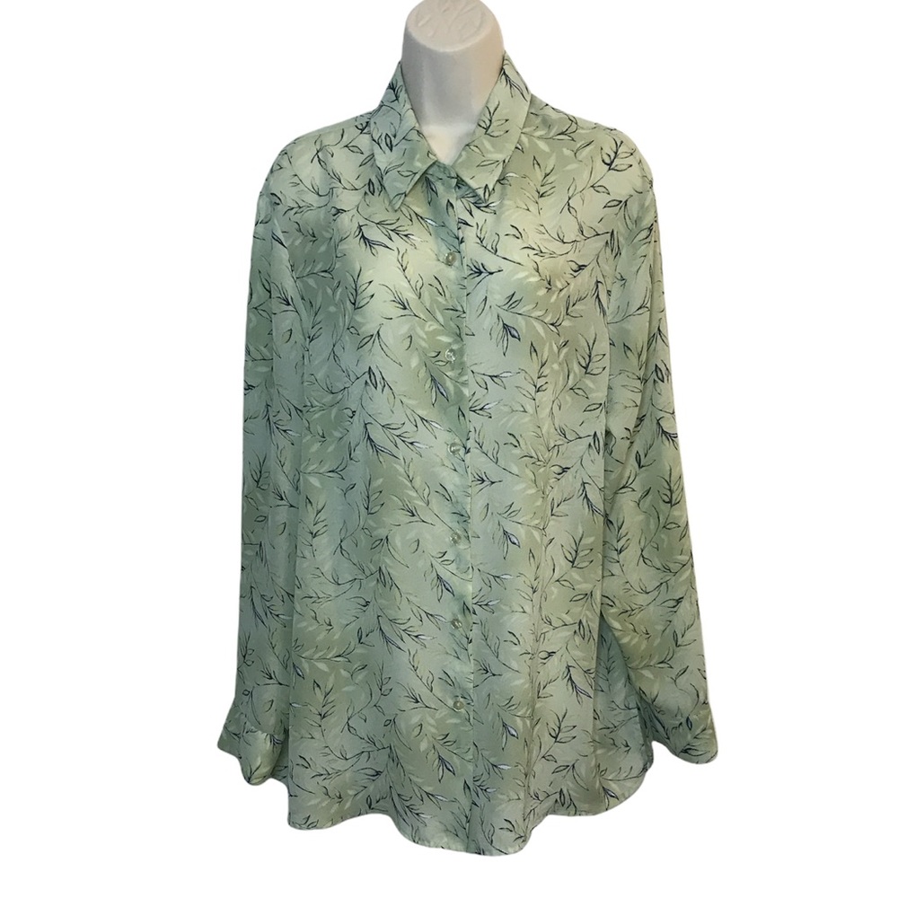 Vintage Casual Corner Annex Green Leaf Blouse Long Sleeve Silky XL Extra Large
